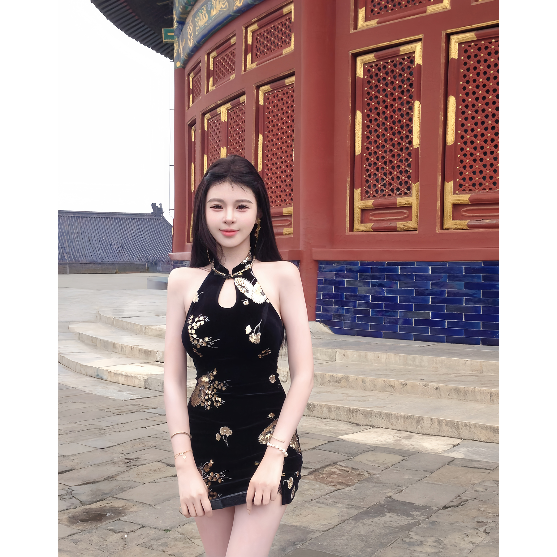 天鹅er 【归鸿】辣妹性感黑色复古国风连衣裙E25Q1709