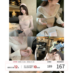 长袖 项天鹅er 性感包臀裙法式 新款 裙子 蕾丝拼接连衣裙女2025冬季