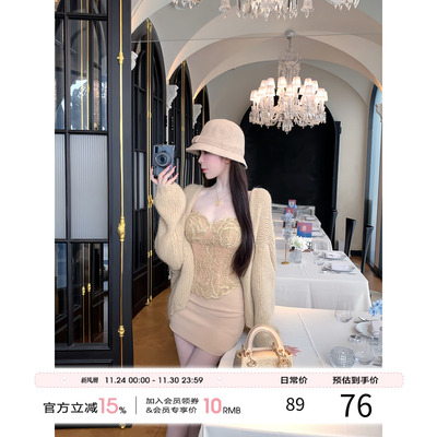 项天鹅er 辣妹抹胸套装女2025冬季蕾丝鱼骨吊带上衣半身裙两件套