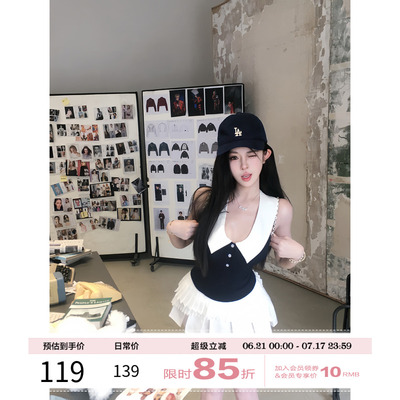 项天鹅er 学院风纯欲套装女2025夏季无袖背心上衣百褶裙两件套