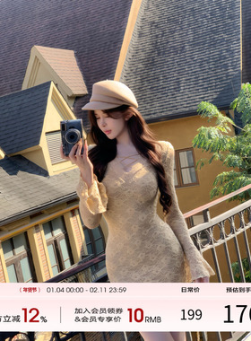 项天鹅er 法式蕾丝连衣裙女2025冬季新款性感包臀裙V领长袖裙子