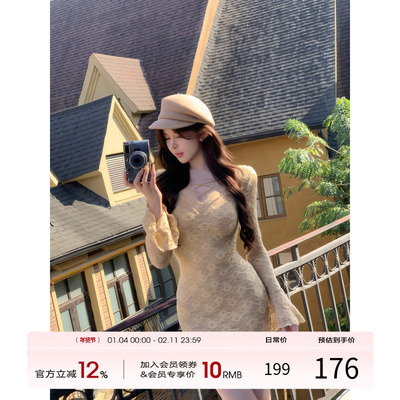 项天鹅er 法式蕾丝连衣裙女2025冬季新款性感包臀裙V领长袖裙子