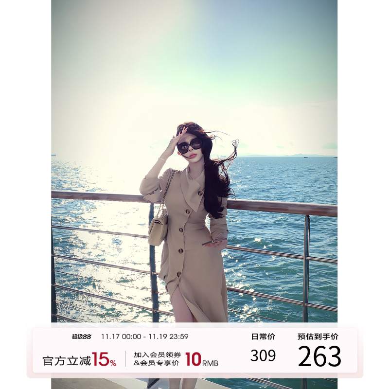 项天鹅er 长袖连衣裙女2025秋季新款翻领风衣裙法式长裙气质裙子