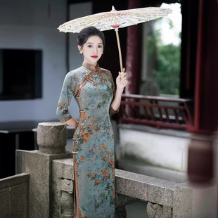 旗袍收腰显瘦 改良版 高端弹力复古民国风日常宴会2026秋款 竹叶长袖