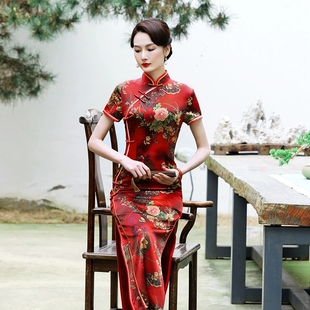 显瘦 国风真丝旗袍轻奢高级感气质长款 2026新款 红色订婚喜庆新中式