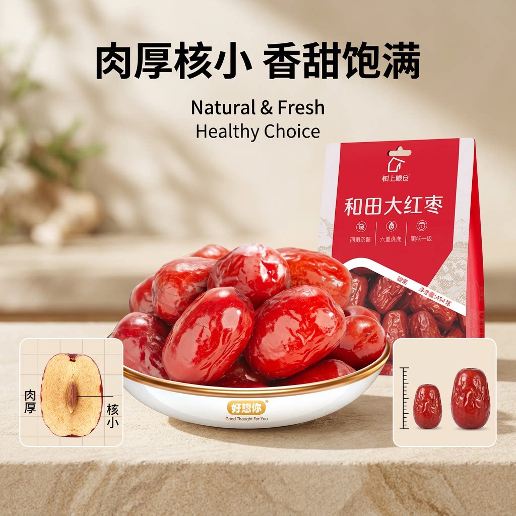 好想你一级免洗和田大红枣500g骏枣个大皮薄红枣河南特产枣子