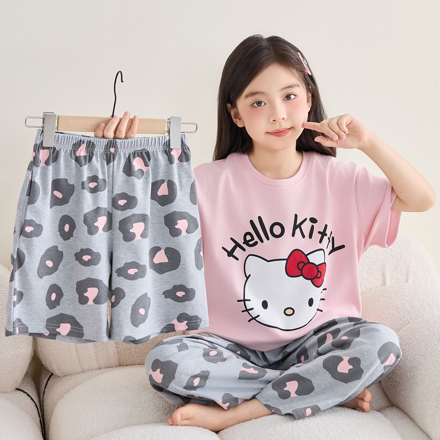 三件套儿童睡衣女纯棉长袖春秋薄款短袖夏Hello Kitty家居服套装