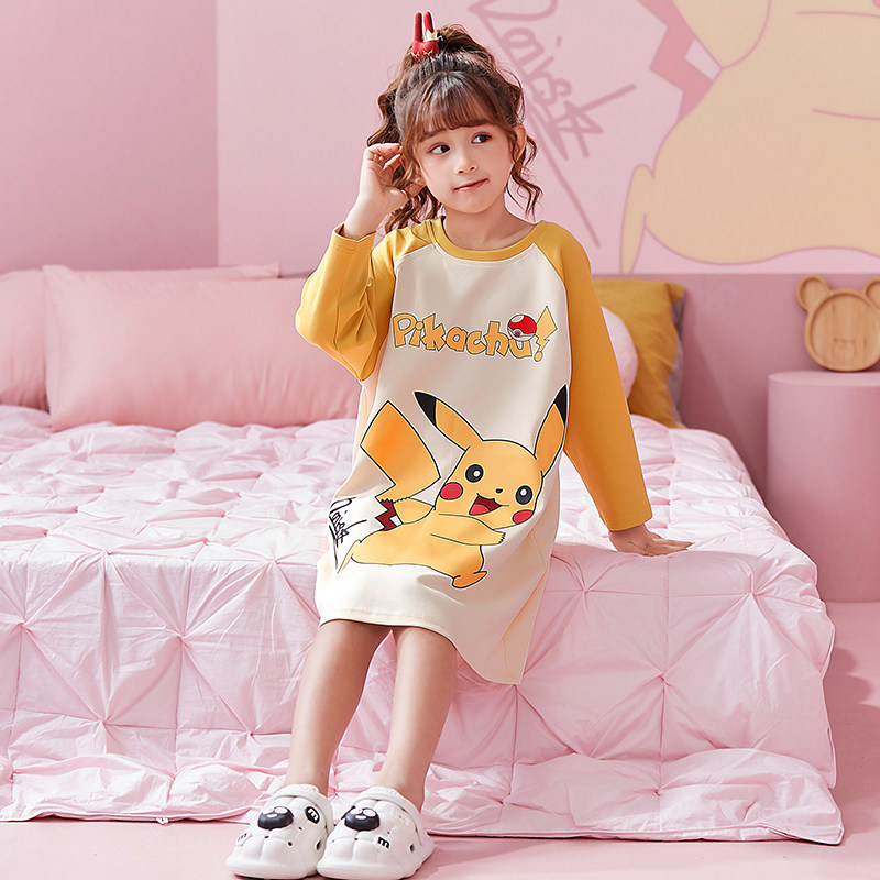 2022儿童睡裙纯棉女童可爱卡通薄款长袖连衣裙女孩中大童家居服夏