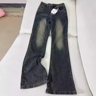 子ins潮 美式 复古高腰微喇牛仔裤 女春秋新款 宽松显瘦直筒微喇叭裤