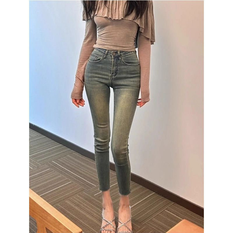 韩版复古低腰弹力小脚牛仔裤女韩版ins潮秋冬紧身百搭毛边九分裤