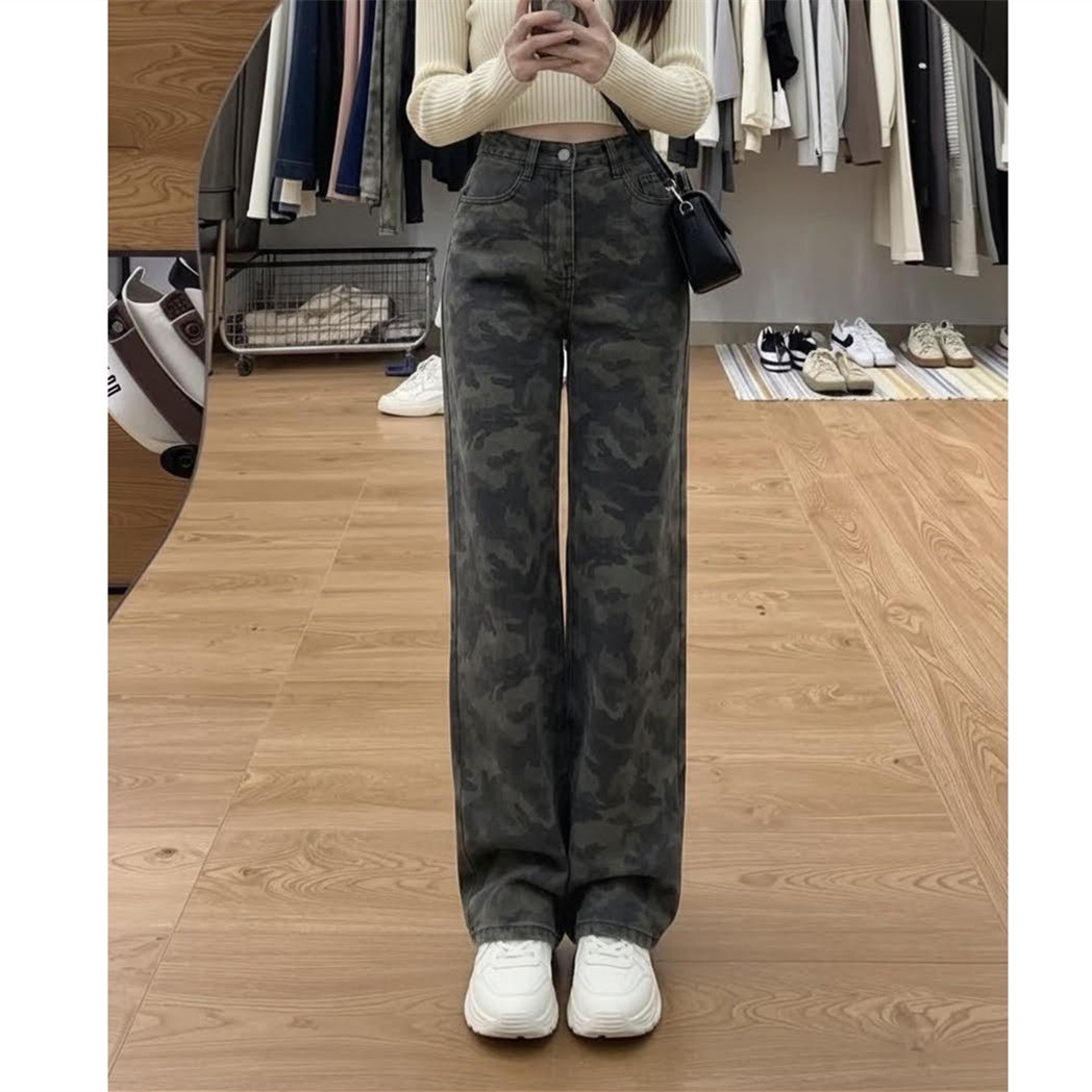 春秋季设计感百搭垂感修身显瘦遮肉女韩版水洗迷彩宽松直筒长裤子