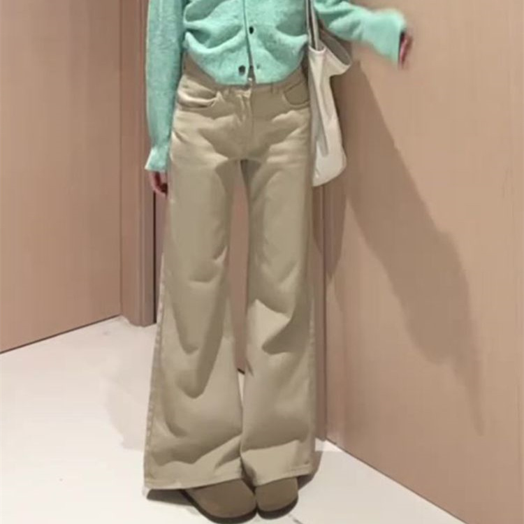 加绒加厚卡其色甜酷风牛仔裤女ins潮显瘦韩版设计感低腰微喇长裤