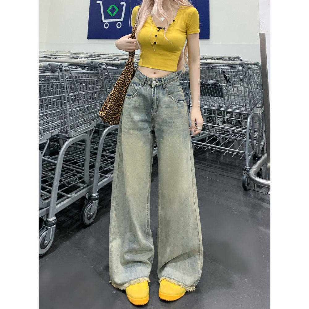 美式浅色复古牛仔裤女韩版秋季宽松高腰毛边百搭阔腿直筒拖地裤子