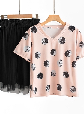 外贸单品夏季新款V领圆圈印花T恤松紧腰网纱裙两件套裙29099#10