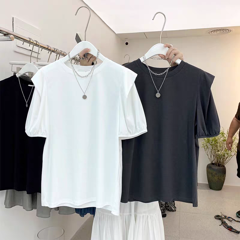 韩国东大门圆领泡泡短袖衬衫女秋季宽松百搭白色衬衣雪纺上衣0709