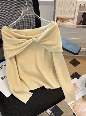 秋季设计感甜美蝴蝶结显瘦外穿长袖气质优雅一字领针织衫女07099