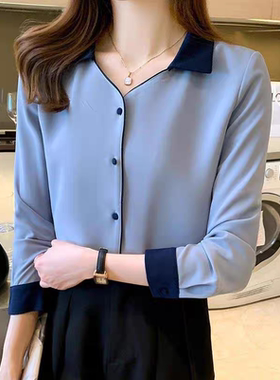 hiffon Long lee翻领v领蓝色拼色商务时尚知性长袖衬衫