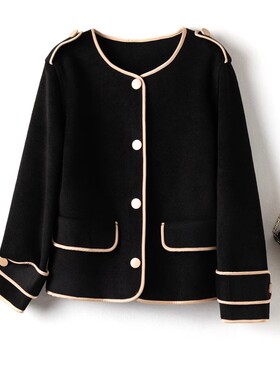 欧式军风黑色肩章圆领单排扣双面毛呢大衣外套09099