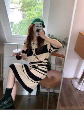 韩系条纹polo领短袖t恤连衣裙女夏季温柔风高腰宽松长裙子13099