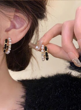 珍珠耳圈黑色麻花耳饰感气质个性新款潮个性气质小众3099满2包邮