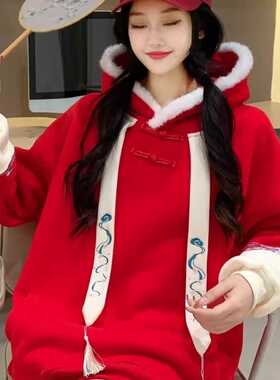 红色中式女国风厚款冬季甜美加绒加厚卫衣新年民族风战袍32099