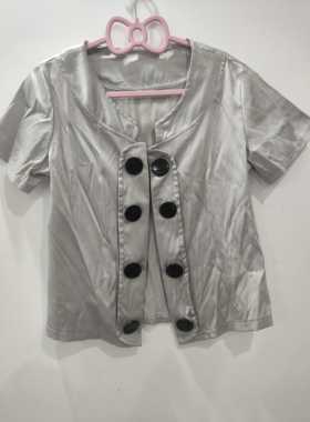 日潮双排扣短袖银灰色绸质开衫外套（小吊带搭配款）