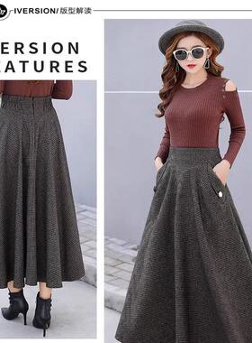 外贸新款显瘦百搭英伦风格子文艺口袋呢料长款大摆裙半身裙017090