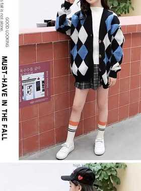 亲子装春秋装网红洋气宽松潮格子开衫针织毛衣外套潮13099/06099