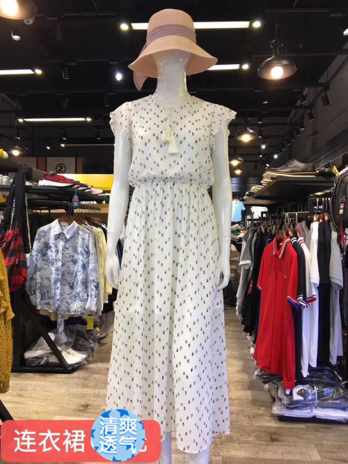 外贸单品白色系带印花碎花雪纺长裙连衣裙0670