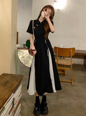 新国风假两件连衣裙蝴蝶扣盘扣夏季新款收腰显瘦气质长裙子07099