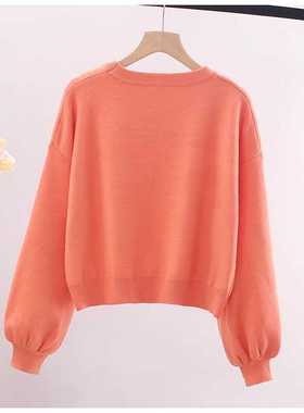 女春秋季新款粉色宽松短款高腰长袖圆领套头洋气毛衣07099