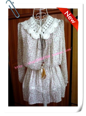 cofie_shop 粉色碎花田园风格束腰长袖雪纺上衣（包邮）#040