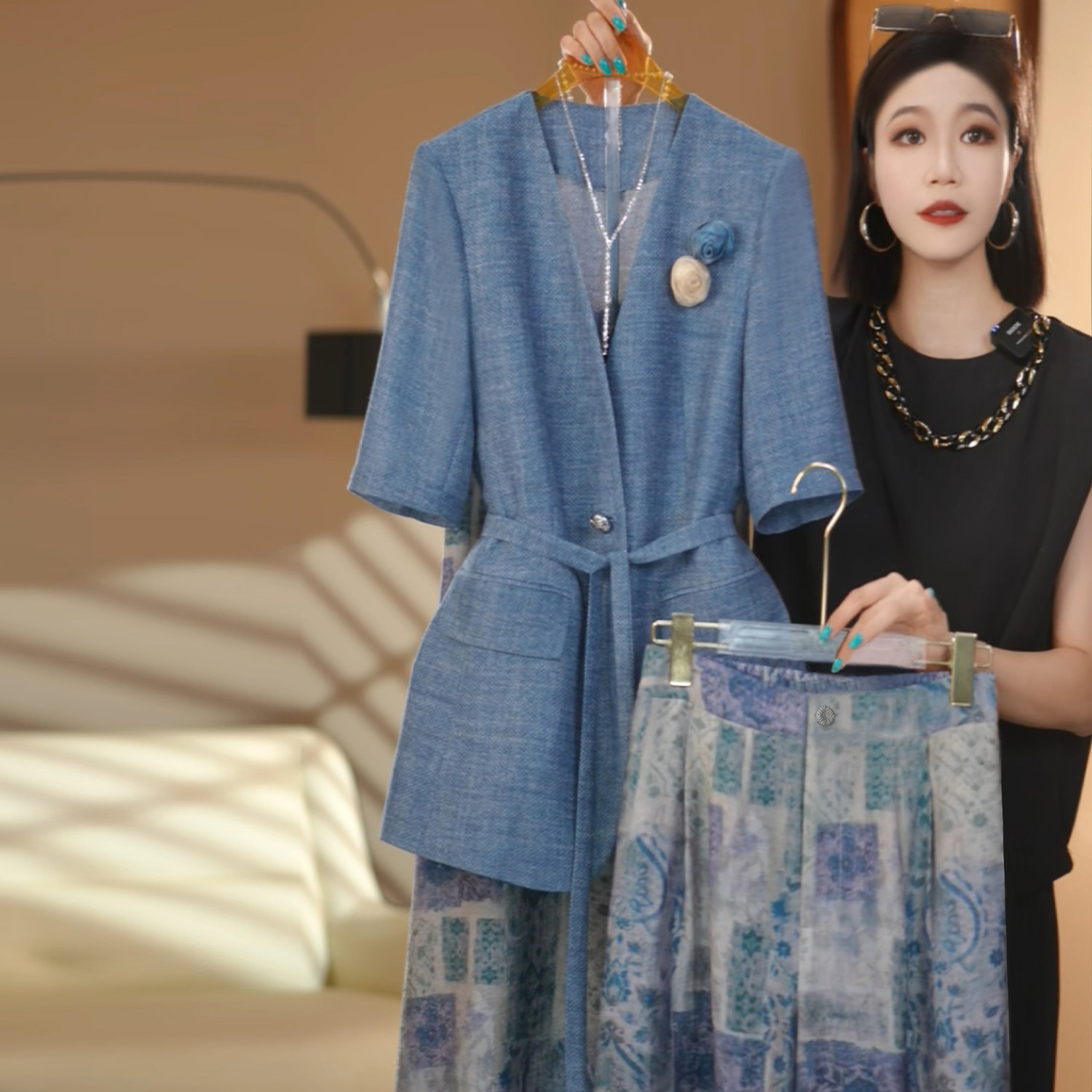 夏季蓝色无领西装外套女薄款透气中袖显瘦西服外套气质高级感套装