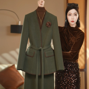秋季复古绿色无领西装套装女长袖系带收腰阔腿裤两件套气质女装