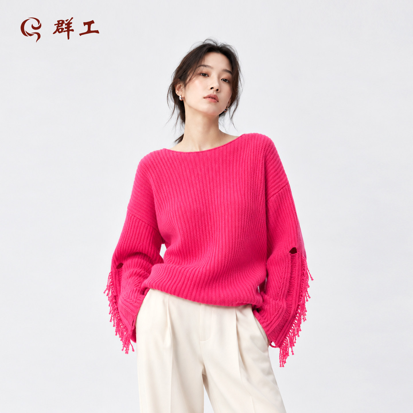 群工红色慵懒风羊绒衫女流苏