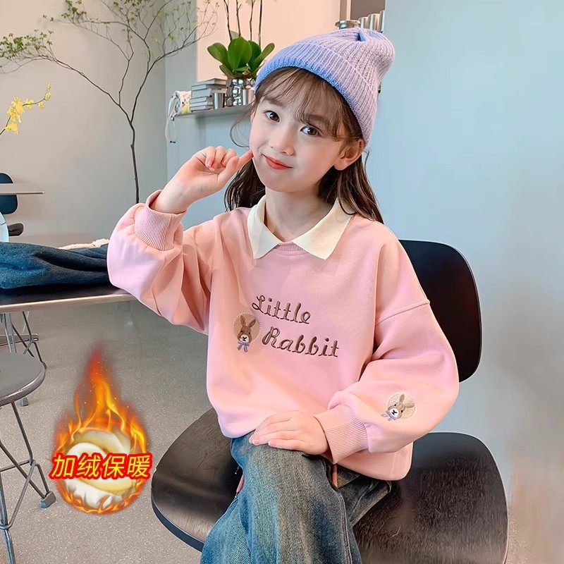 女童刺绣卫衣加绒秋冬款2024新款洋气童装女孩假两件儿童长袖上衣