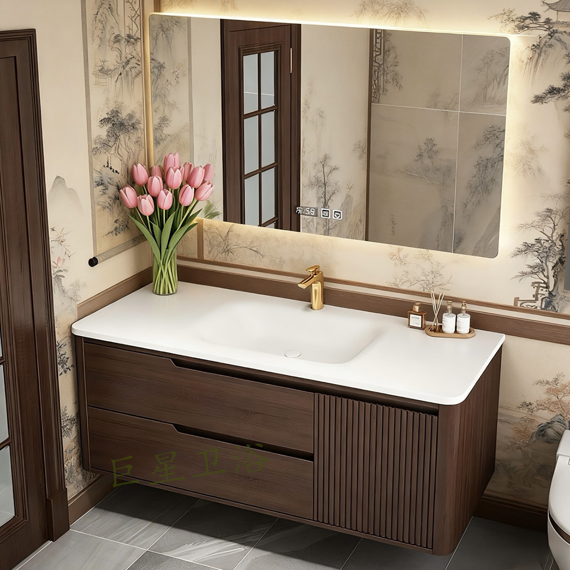 宋氏美学岩板热弯一体盆橡木浴室柜中古风组合新中式卫生间洗脸盆