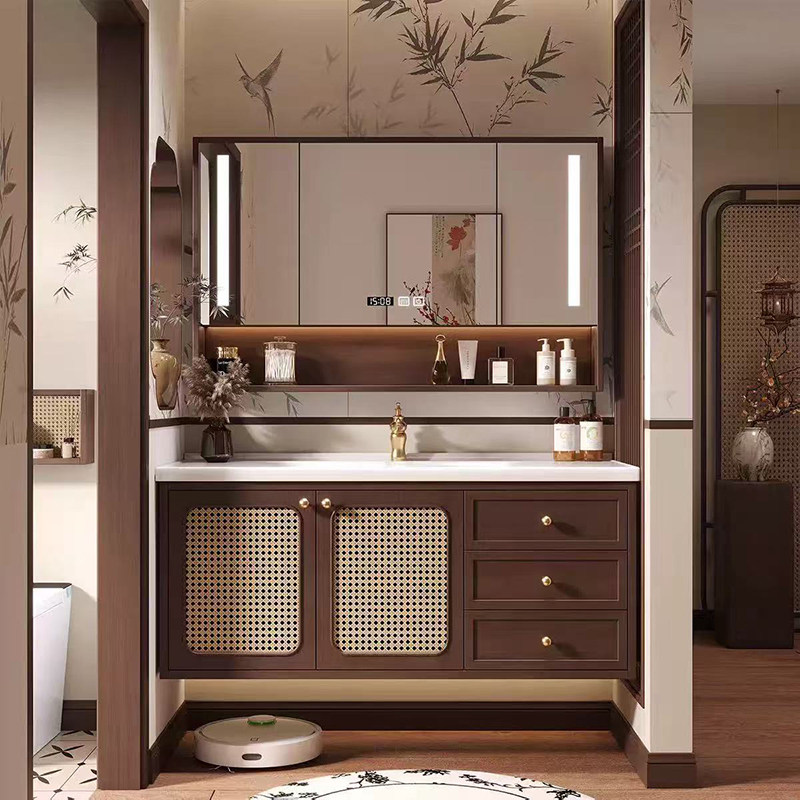 宋氏美学藤编橡木浴室柜组合中古风陶瓷一体盆卫生间洗漱台洗脸盆