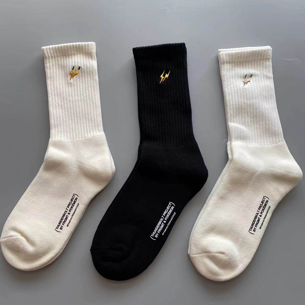 包邮藤原浩闪电刺绣联名款全毛圈加厚黑白高帮运动袜全棉潮牌袜子