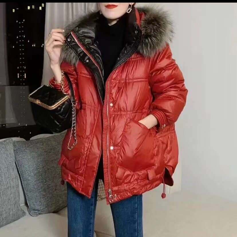 红色连帽羽绒服女冬季短款加厚保暖宽松百搭外套2023年新款欧洲站