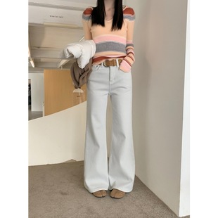 XXGN白色加厚微喇牛仔裤女密密绒+腰带显瘦不贴腿大筒喇叭拖地裤