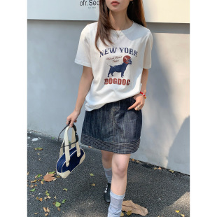 T恤上衣 XXGN新款 随性好搭美式 复古印花短袖 T恤女韩系减龄圆领短袖