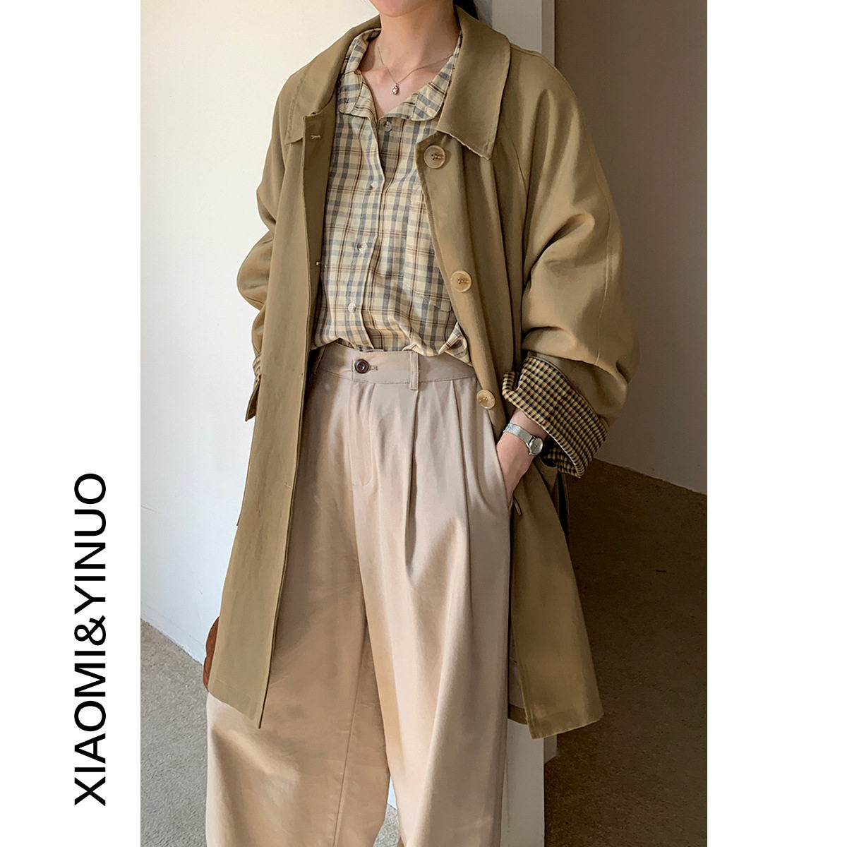 XXGN新款英伦风拼接格子长袖廓形风衣女2025春新款中长款外套