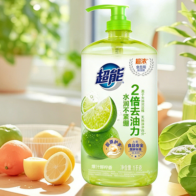 超能爆汁鲜柠洗洁精1kg按压瓶装厨房去油洗碗剂A类家庭用餐具净JF