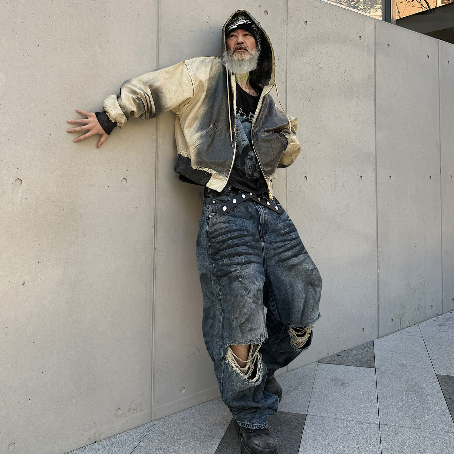 ROLLING MONEY25SS “夜狱”水洗破洞Vintage脏染A字baggy蓝牛裤