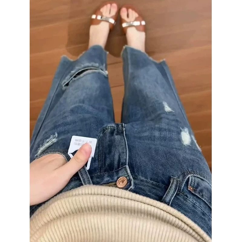 美式破洞毛边阔腿牛仔裤女夏季胖mm大码宽松显瘦小个子九分直筒裤