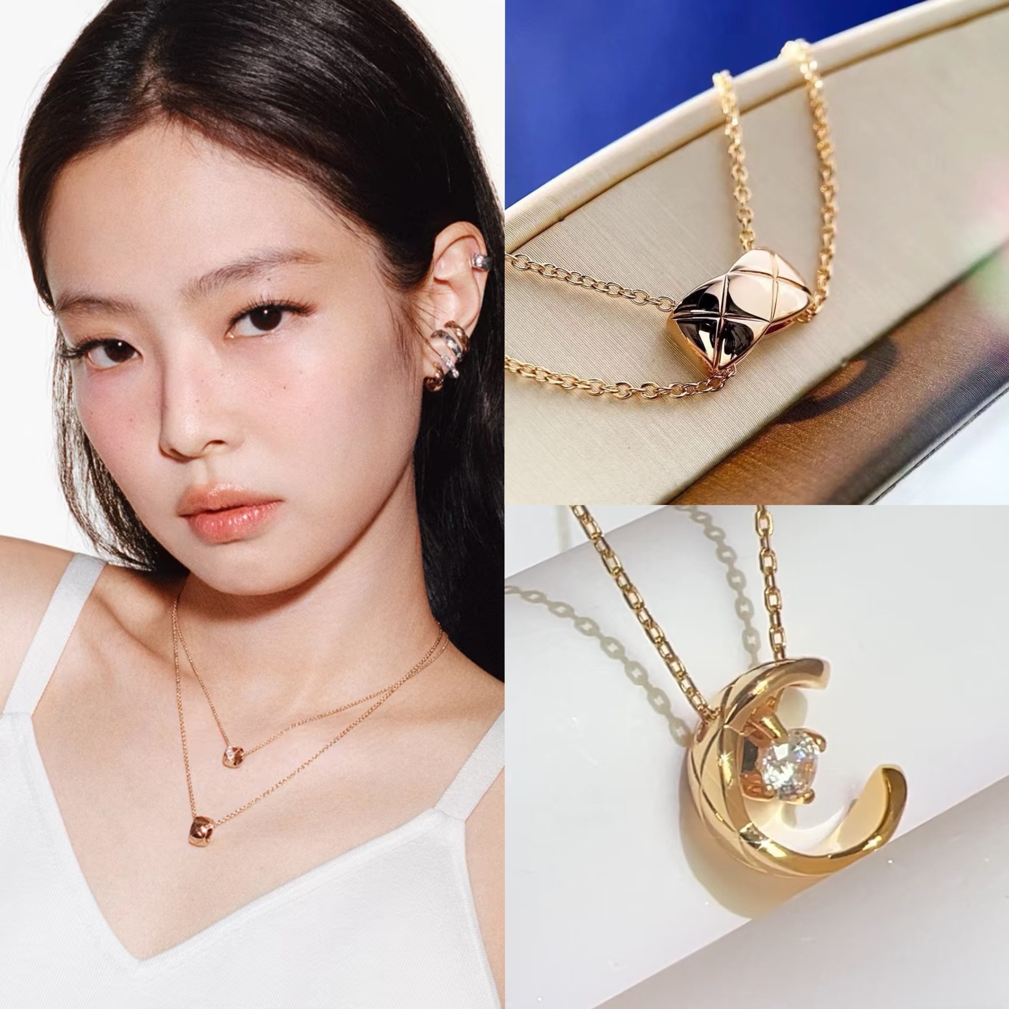 水冰月项链女菱格纹小香coco镀18k玫瑰金Jennie轻奢小众高级感