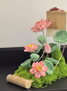 新款卷轴荷花国风意境小摆件手工diy扭扭棒材料包茶桌书房摆件