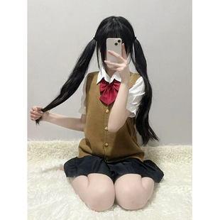 夏季 马甲背心叠穿校供感黑色百褶裙JK制服 新款 日系学院风针织开衫