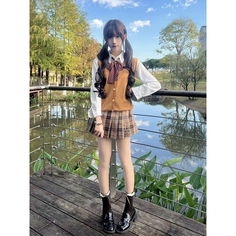 日系JK制服针织衫棕色开衫马甲叠穿基础款长袖衬衫百搭JK裙一整套